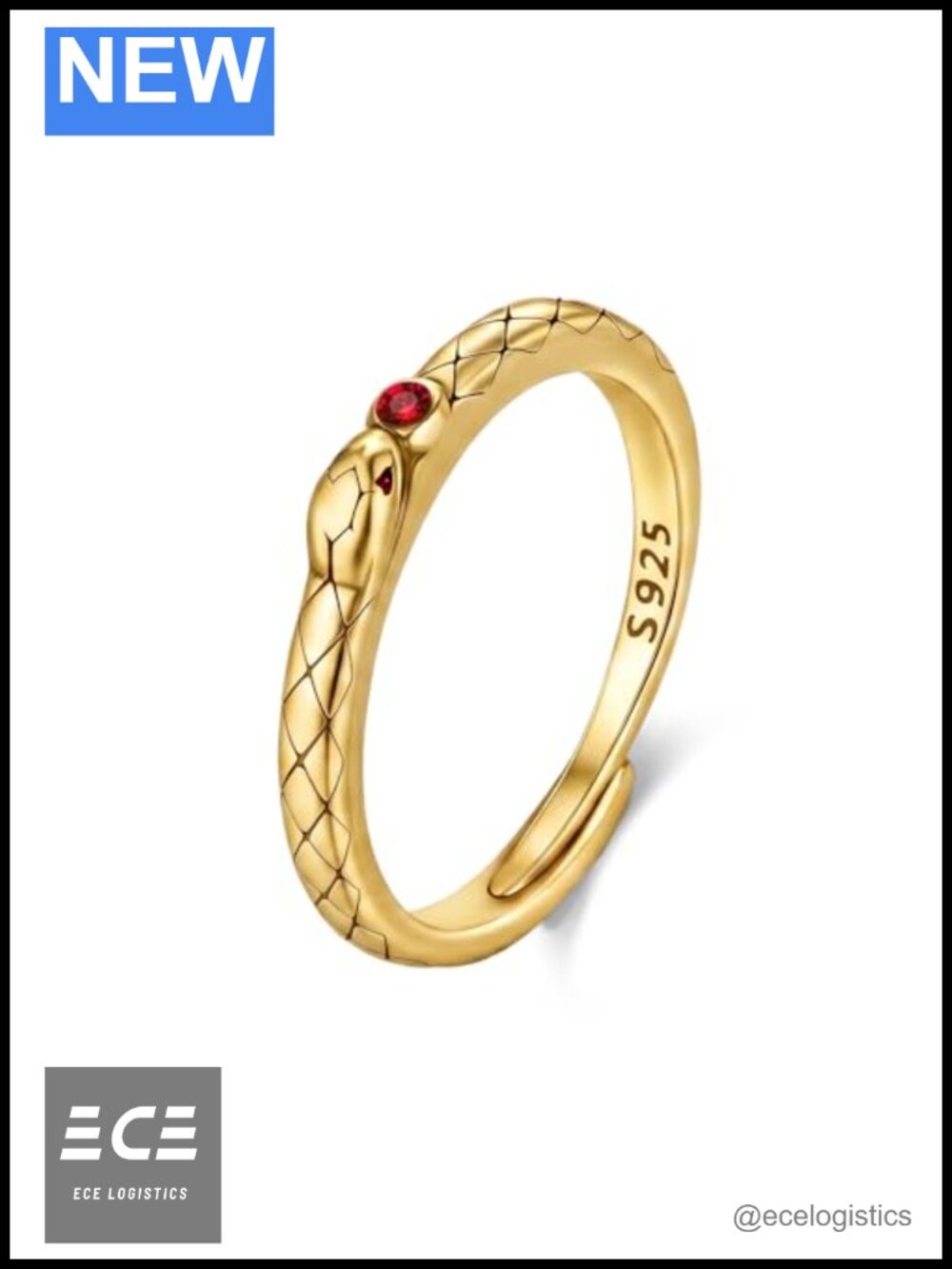 925 Sterling Silver Snake Ring with Red Crystal Eye Adjustable Gothic